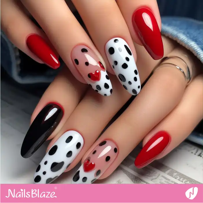 Glossy Black and Red Dalmatian Print Nails | Animal Print Nails - NB1986